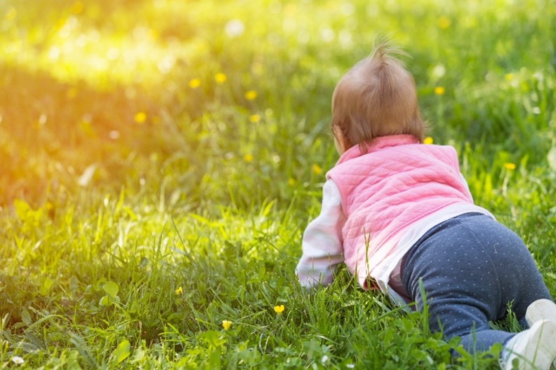 Baby crawling on grass